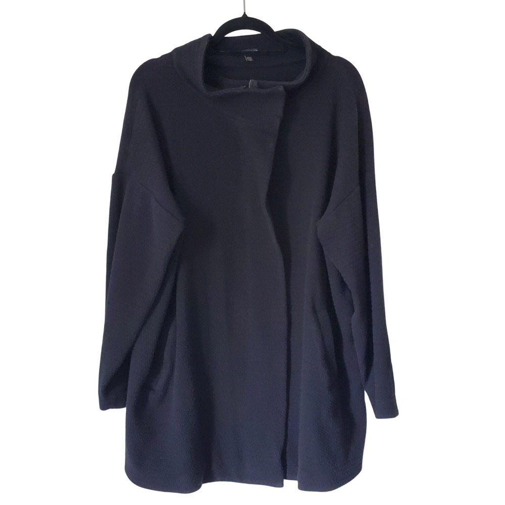 Eileen Fisher Womens L Black‎ Honeycomb Knit Zip Funnel Neck Jacket  Pockets